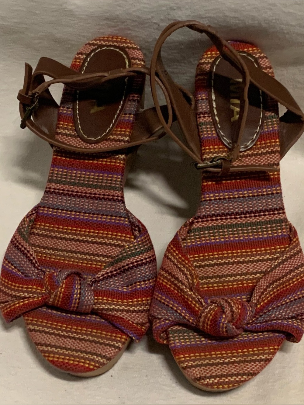 Women’s MIA Boho Rainbow Cork Wedge Sandals Size 8 Fabric Weaved Leather Strap